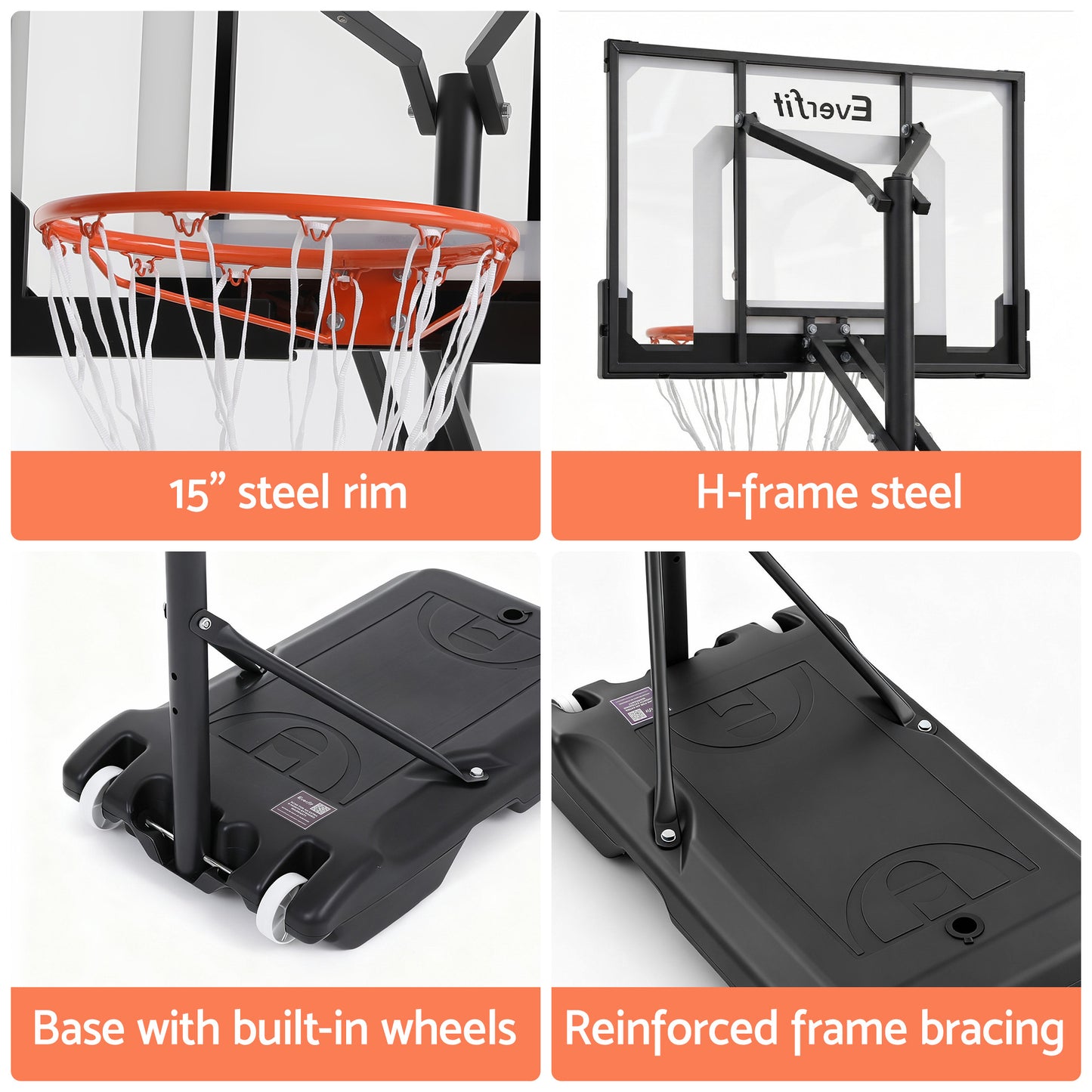 Portable Adjustable Basketball Hoop – Steel Frame, 1.05m-2.1m Height