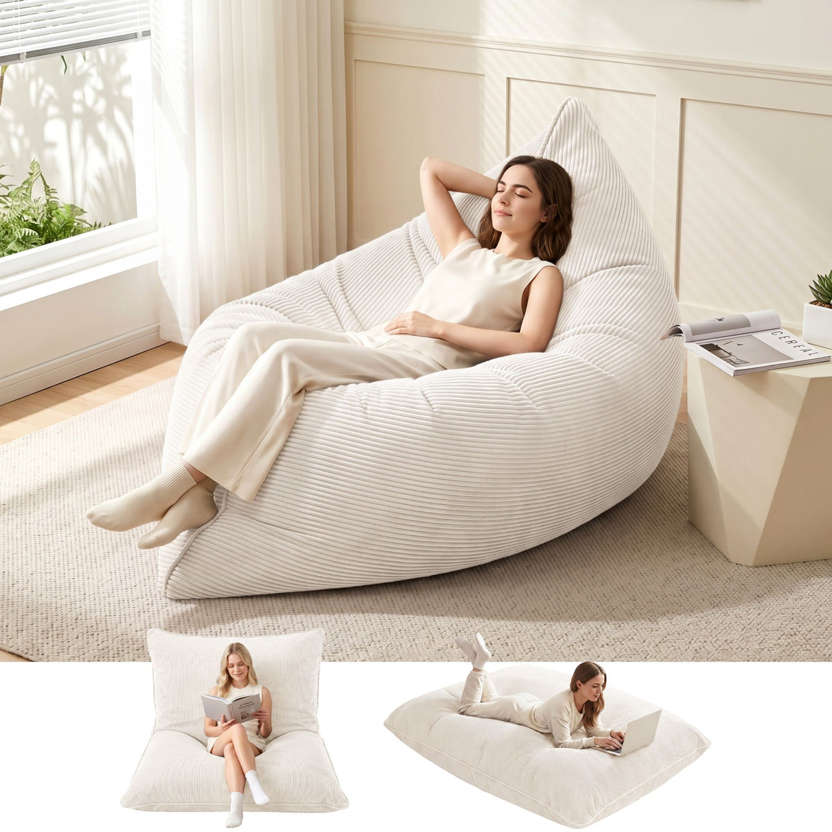 TWSC 3 in 1 Bean Bag Chair Cover (No Filler) Convertible Bean Bag for Adults, Corduroy Stuffed Animal Storage Bean Bag Cover Washable for Living Room Bedroom, Beige