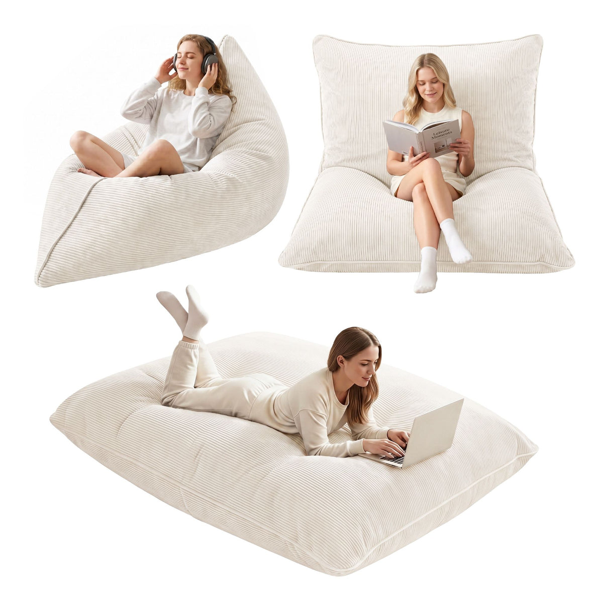 TWSC 3 in 1 Bean Bag Chair Cover (No Filler) Convertible Bean Bag for Adults, Corduroy Stuffed Animal Storage Bean Bag Cover Washable for Living Room Bedroom, Beige