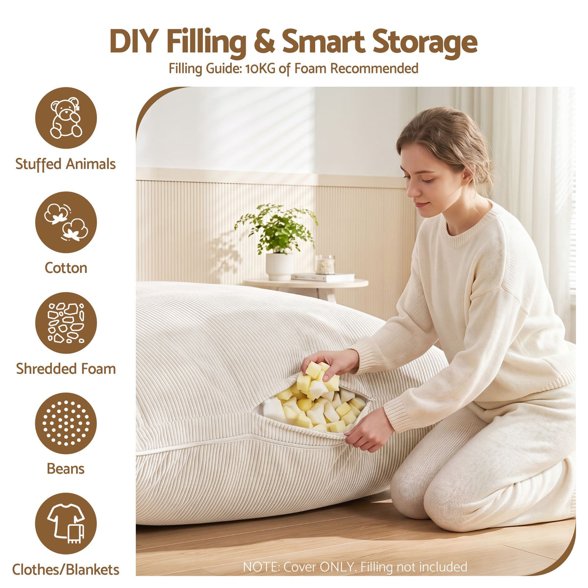 TWSC 3 in 1 Bean Bag Chair Cover (No Filler) Convertible Bean Bag for Adults, Corduroy Stuffed Animal Storage Bean Bag Cover Washable for Living Room Bedroom, Beige