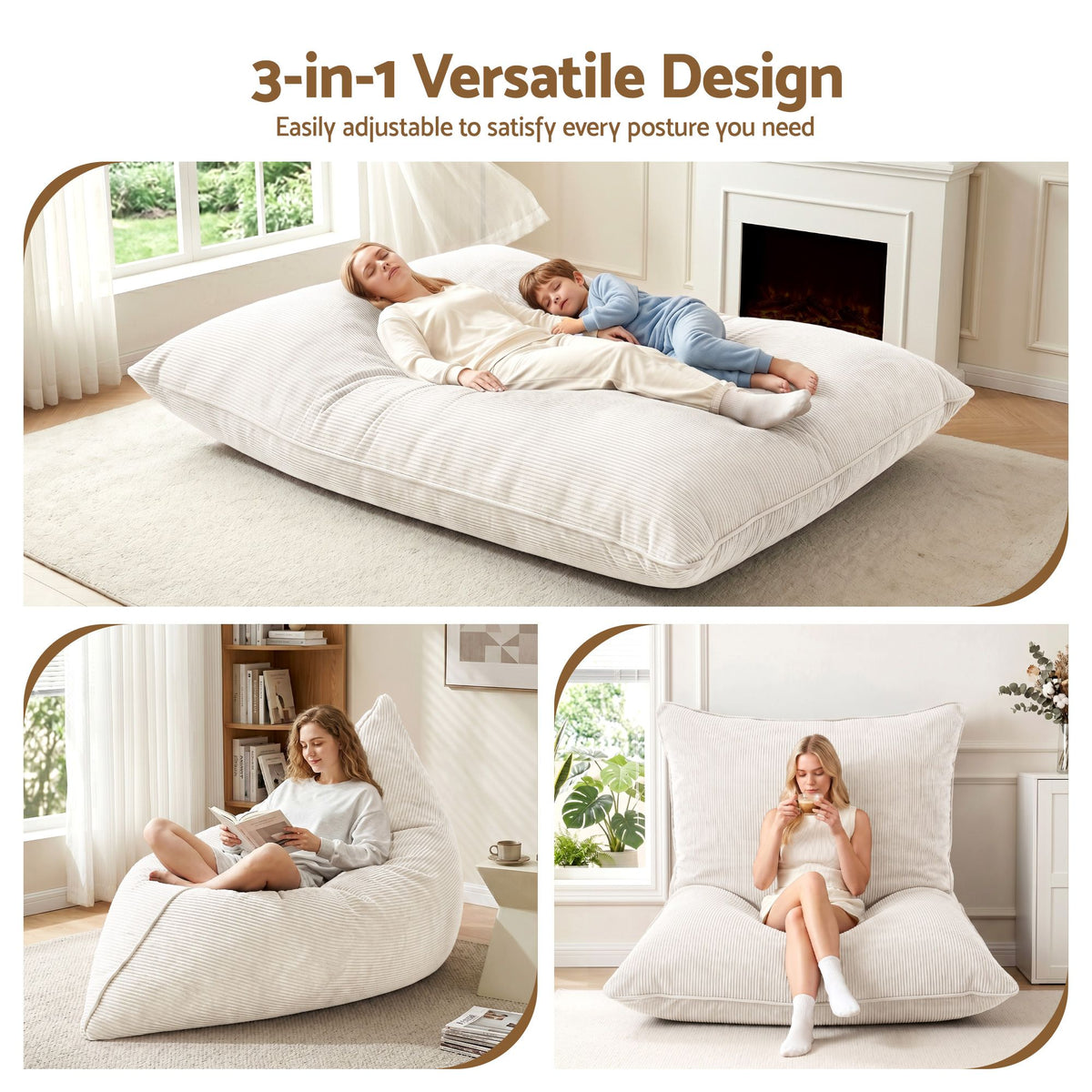 TWSC 3 in 1 Bean Bag Chair Cover (No Filler) Convertible Bean Bag for Adults, Corduroy Stuffed Animal Storage Bean Bag Cover Washable for Living Room Bedroom, Beige