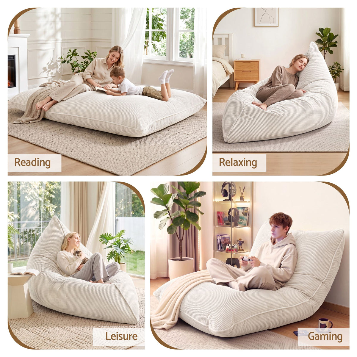 TWSC 3 in 1 Bean Bag Chair Cover (No Filler) Convertible Bean Bag for Adults, Corduroy Stuffed Animal Storage Bean Bag Cover Washable for Living Room Bedroom, Beige