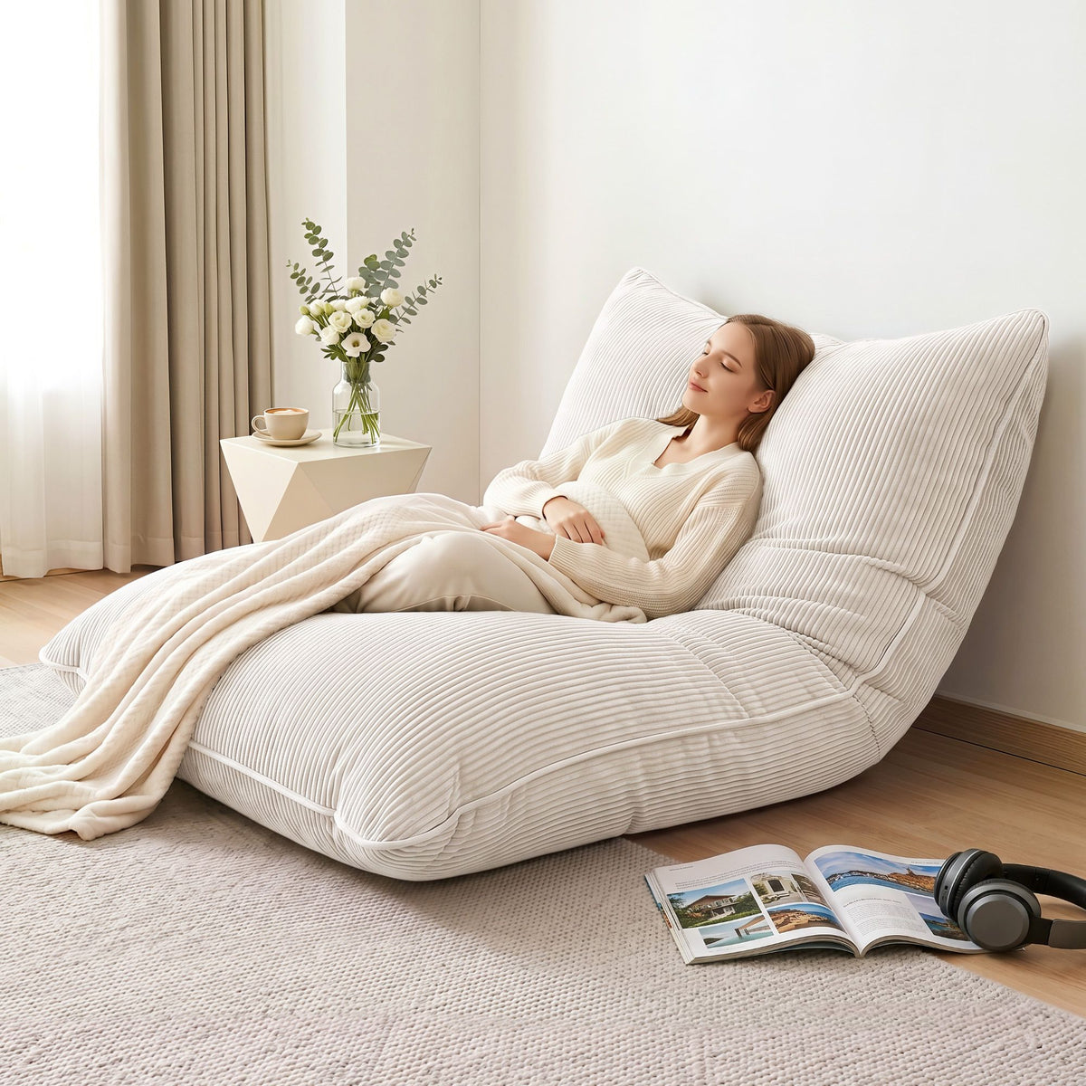 TWSC 3 in 1 Bean Bag Chair Cover (No Filler) Convertible Bean Bag for Adults, Corduroy Stuffed Animal Storage Bean Bag Cover Washable for Living Room Bedroom, Beige