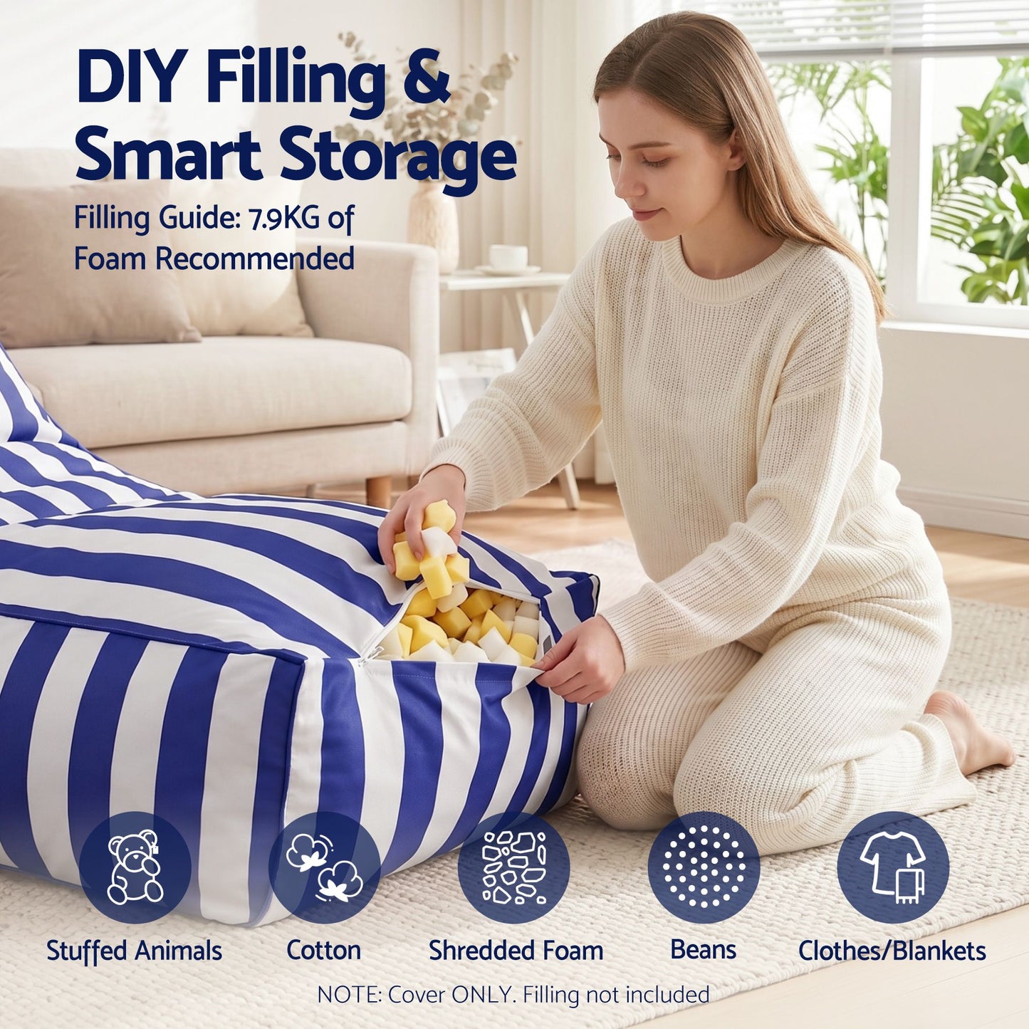 Outdoor Bean Bag Chair Cover – Splash-Proof, Blue Polyester, No Filler