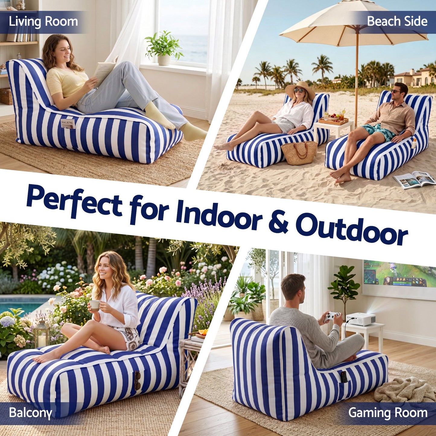 Outdoor Bean Bag Chair Cover – Splash-Proof, Blue Polyester, No Filler