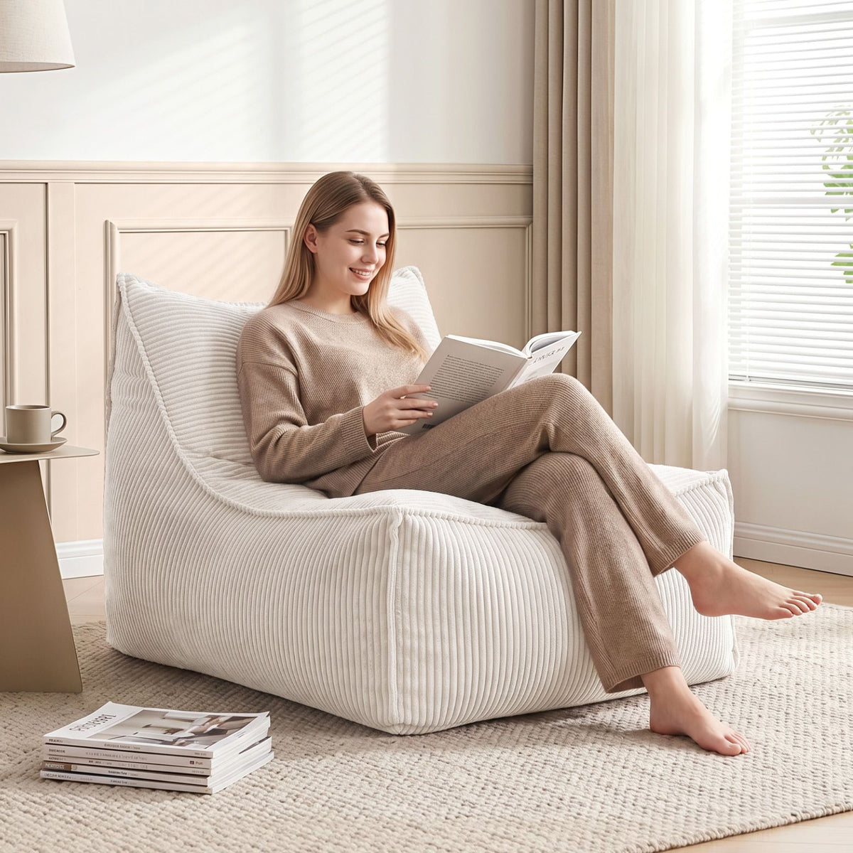 TWSC Bean Bag Chair Cover (No Filler) Soft Corduroy Stuffed Animal Storage Bean Bag Cover for Adults, Washable Lazy Sofa Cover for Living Room Bedroom, Beige