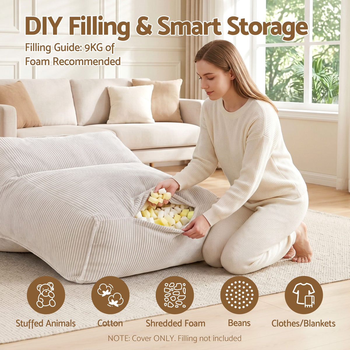 TWSC Bean Bag Chair Cover (No Filler) Soft Corduroy Stuffed Animal Storage Bean Bag Cover for Adults, Washable Lazy Sofa Cover for Living Room Bedroom, Beige