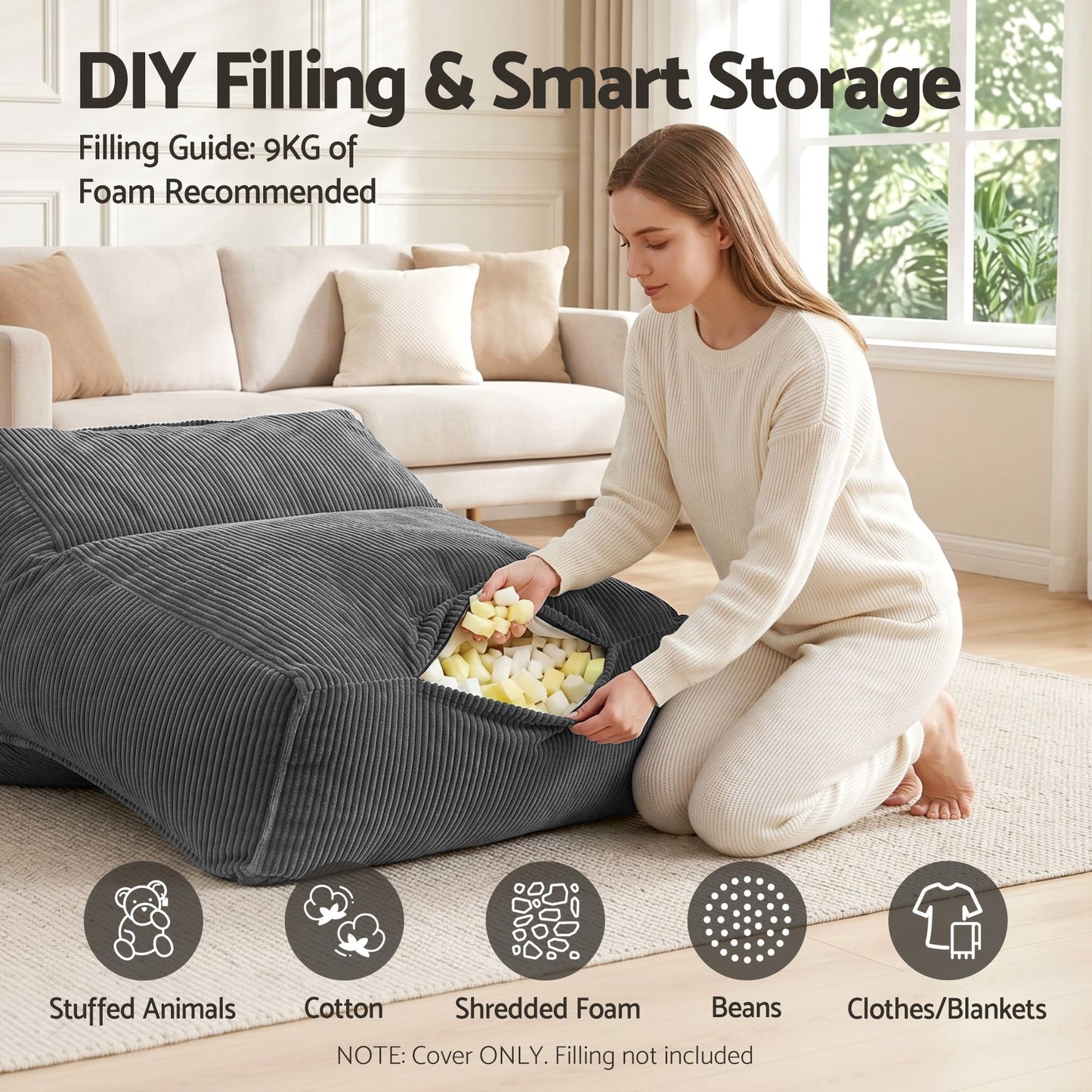 TWSC Bean Bag Chair Cover (No Filler) Soft Corduroy Stuffed Animal Storage Bean Bag Cover for Adults, Washable Lazy Sofa Cover for Living Room Bedroom, Grey