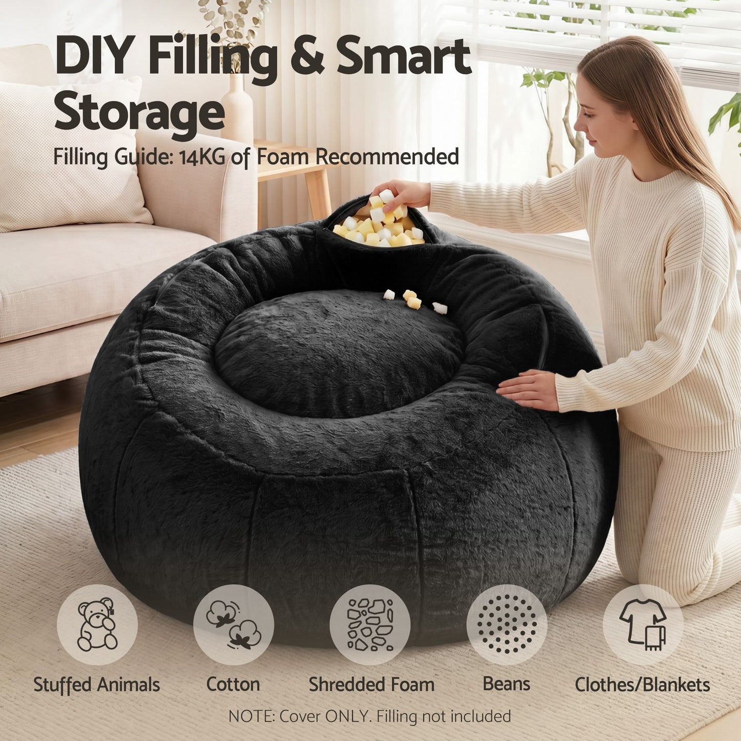 Bean Bag Chair Cover – Soft Faux Fur, Large Round, Black, Washable