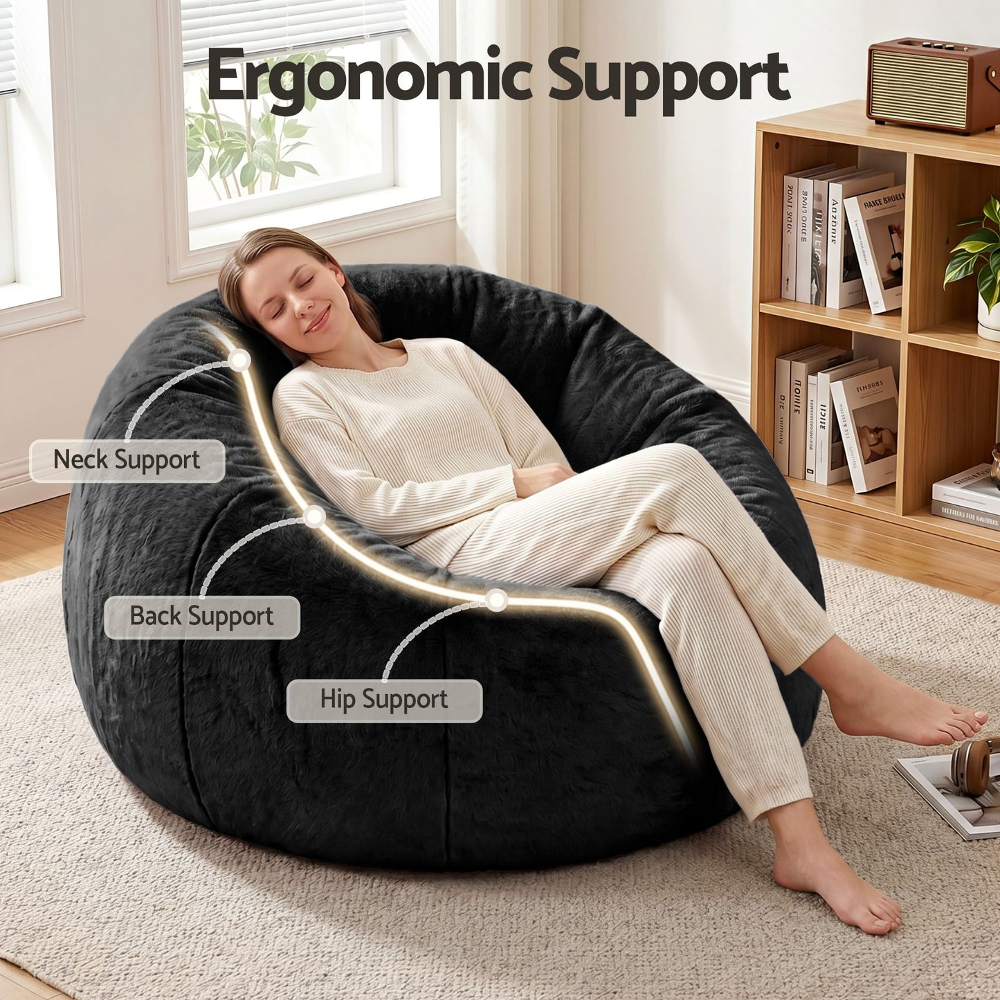Bean Bag Chair Cover – Soft Faux Fur, Large Round, Black, Washable
