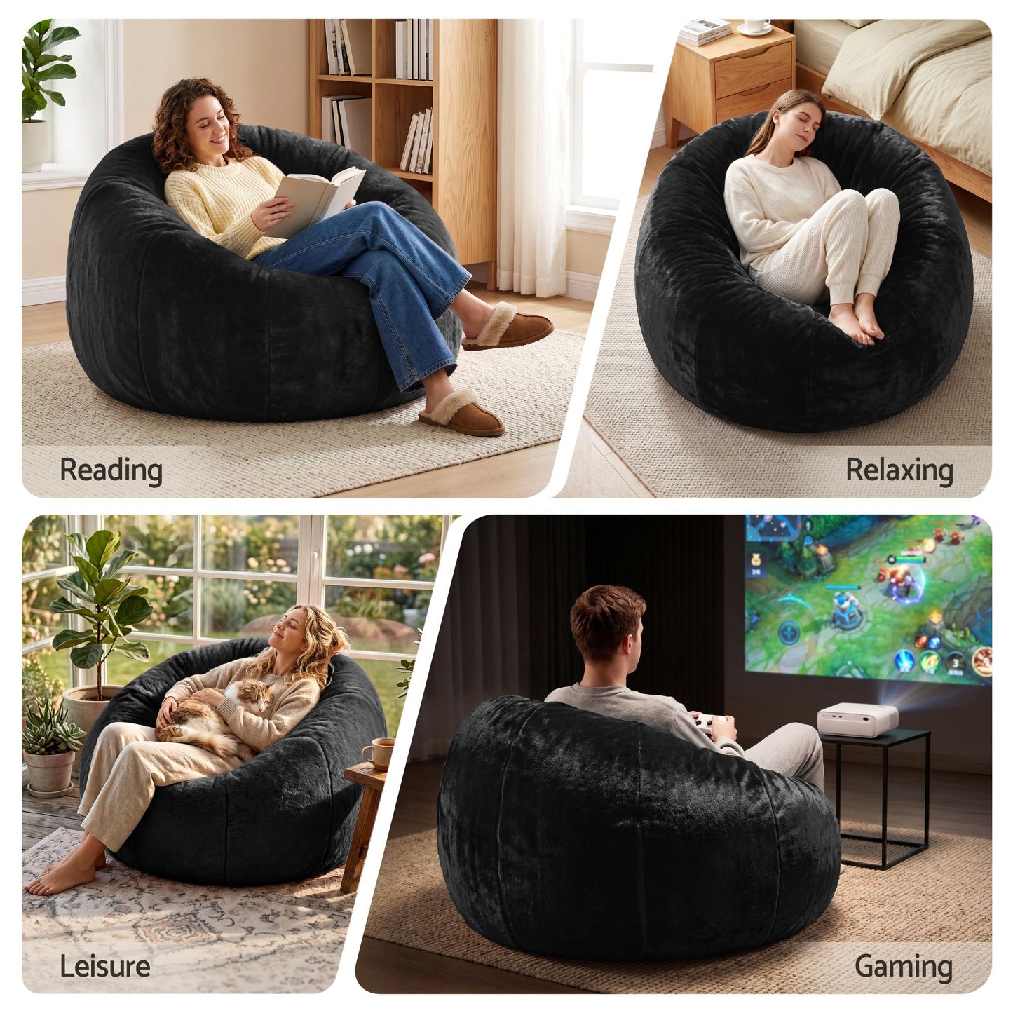 Bean Bag Chair Cover – Soft Faux Fur, Large Round, Black, Washable