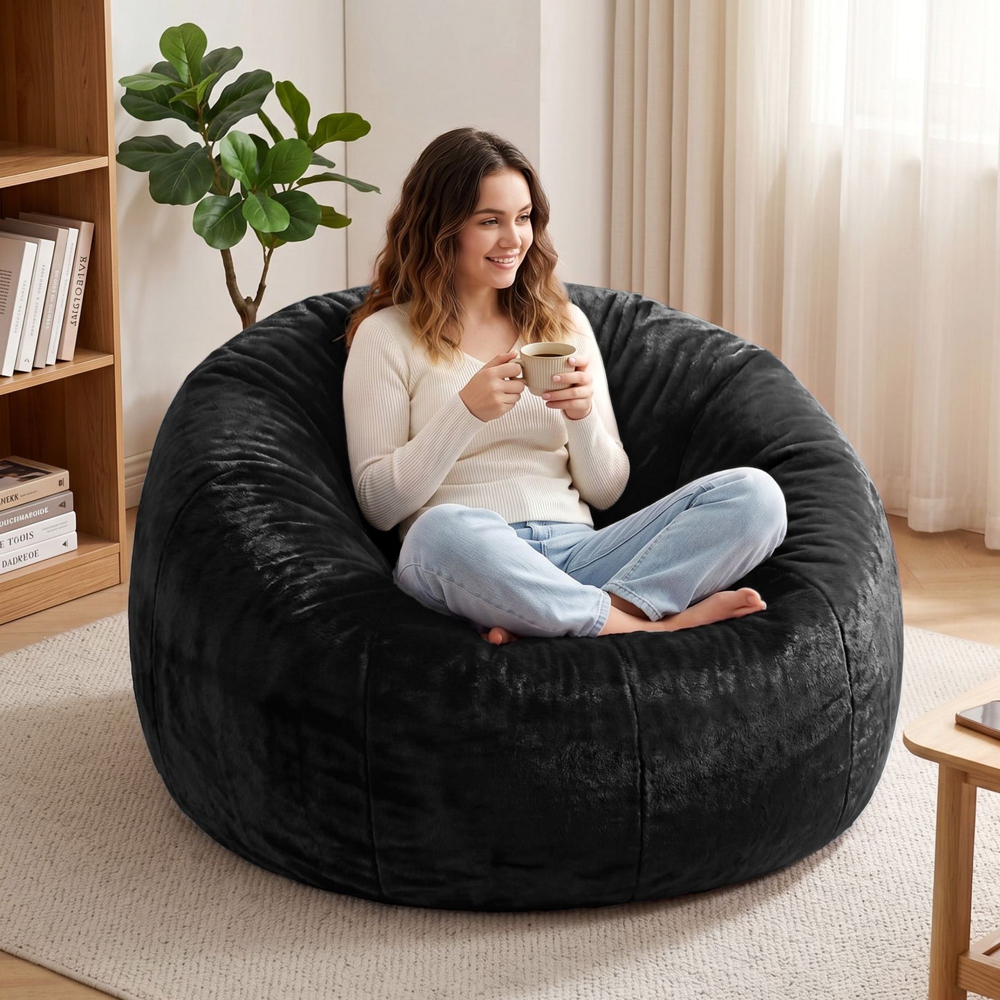 Bean Bag Chair Cover – Soft Faux Fur, Large Round, Black, Washable