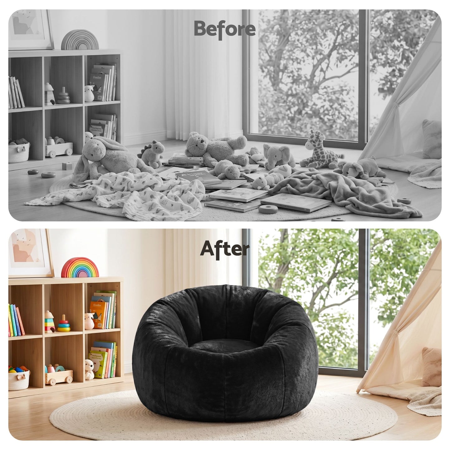 Bean Bag Chair Cover – Soft Faux Fur, Large Round, Black, Washable