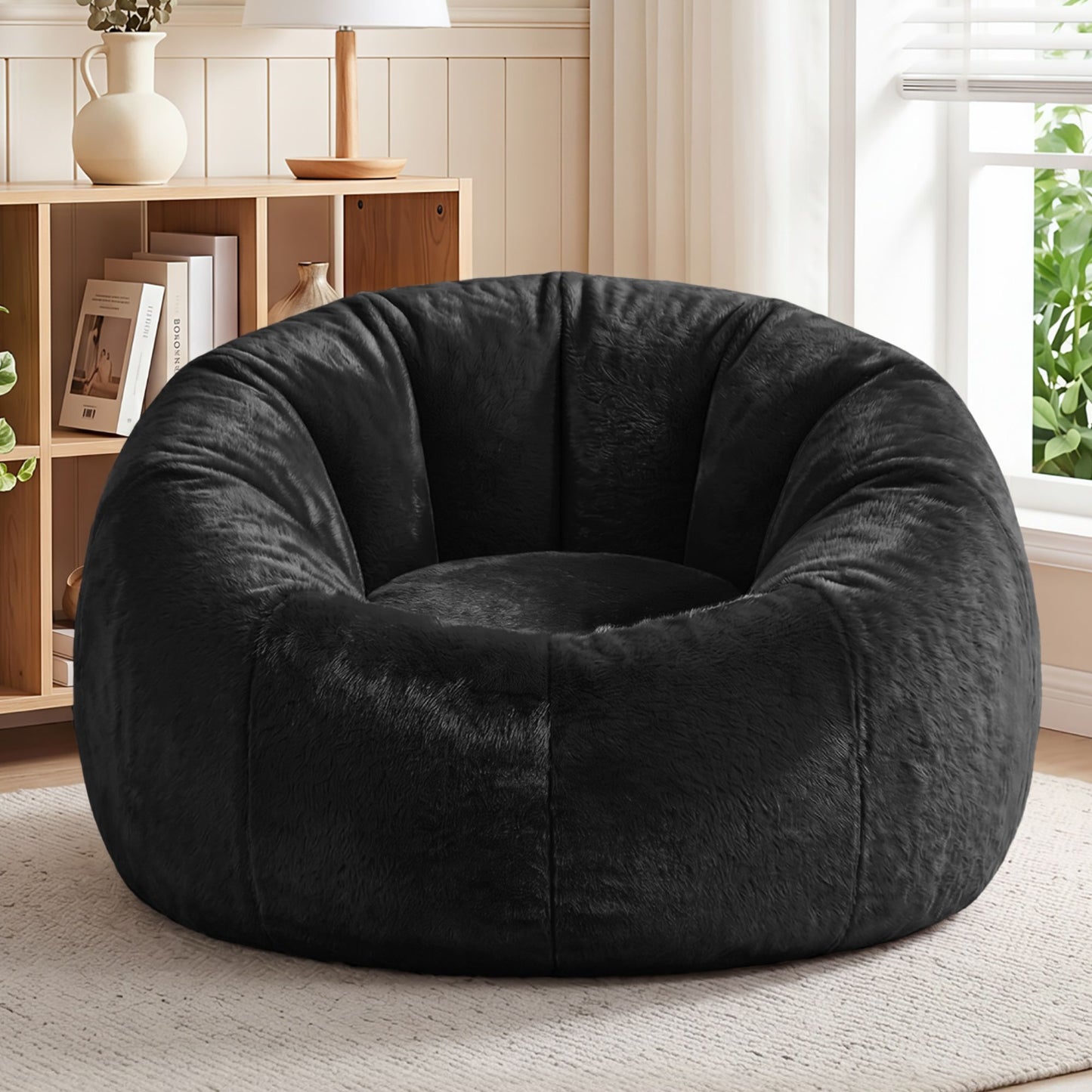 Bean Bag Chair Cover – Soft Faux Fur, Large Round, Black, Washable