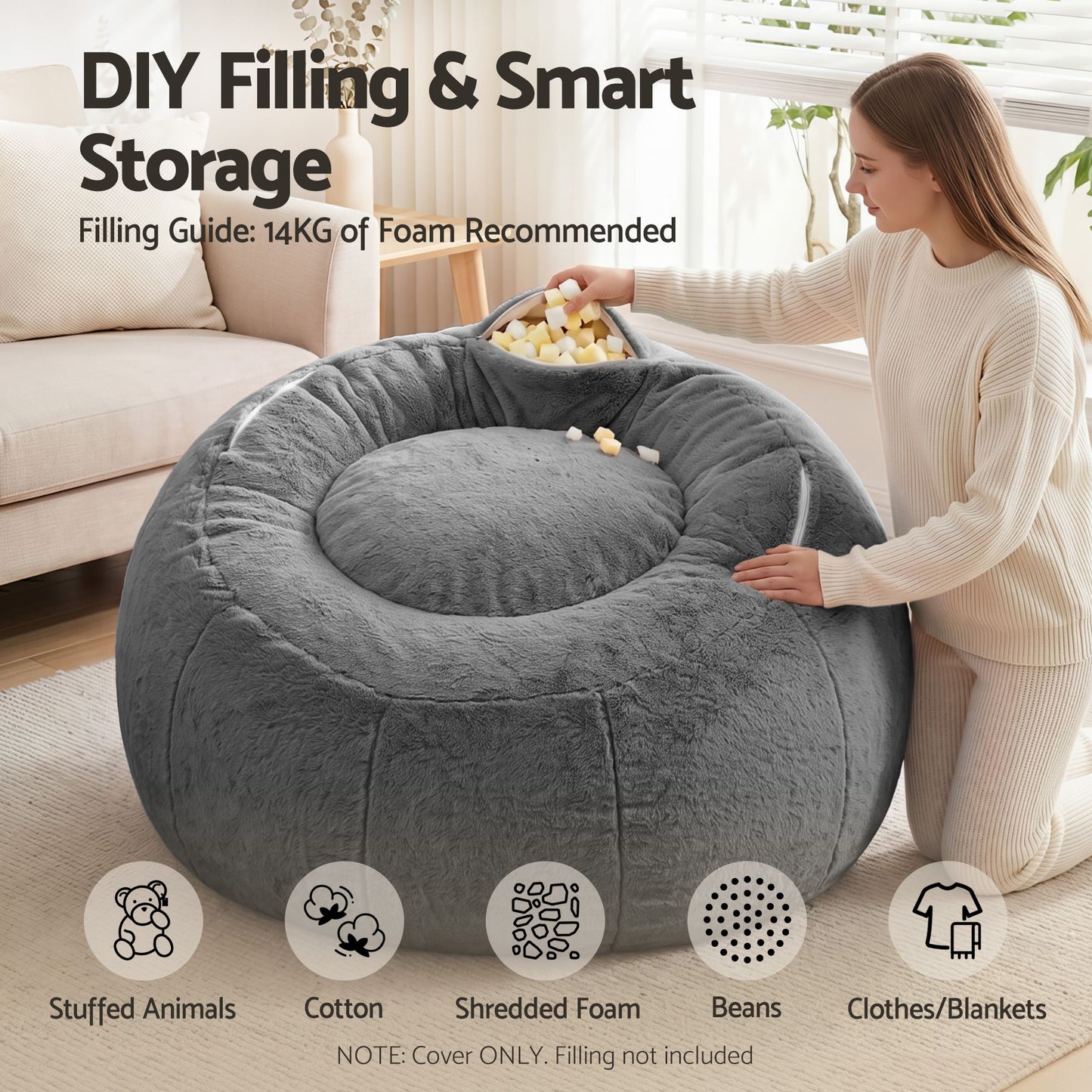 Bean Bag Chair Cover – Soft Faux Fur, Large Round, Grey