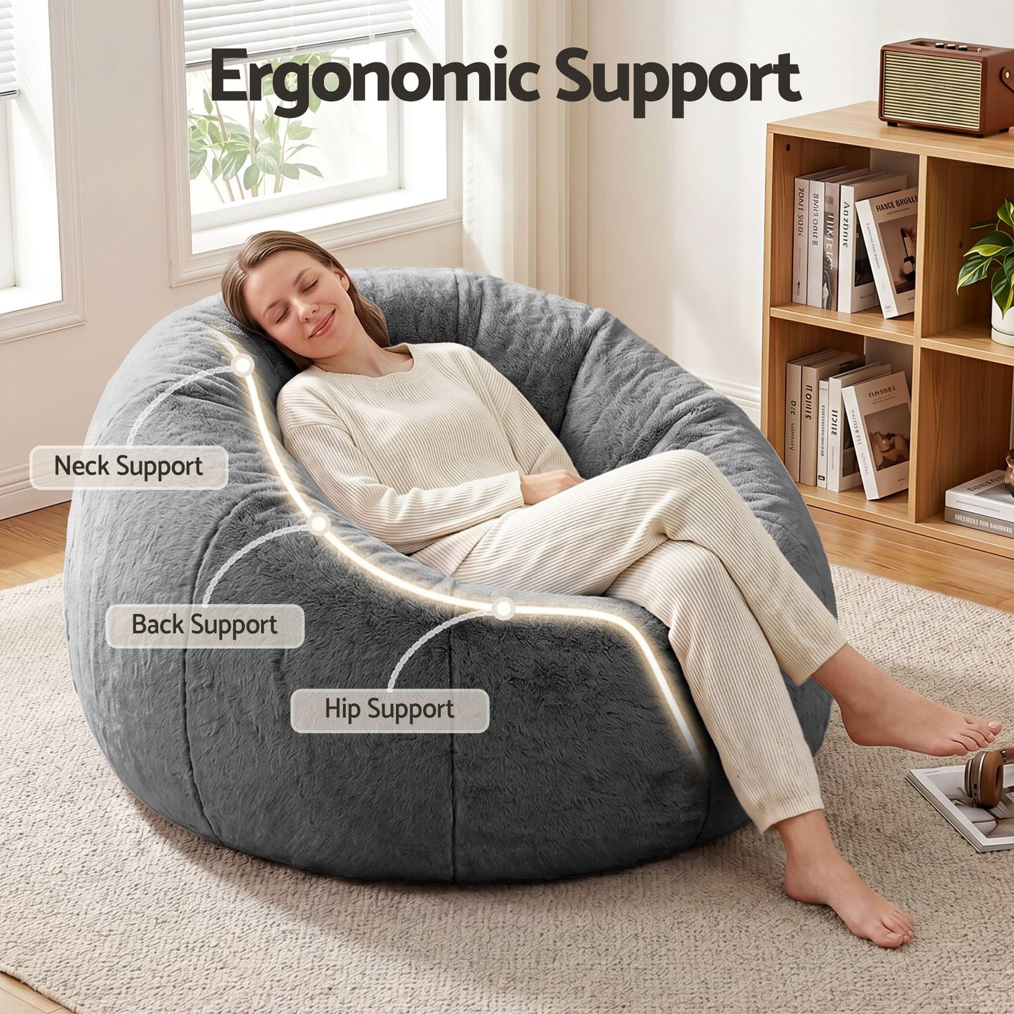 Bean Bag Chair Cover – Soft Faux Fur, Large Round, Grey