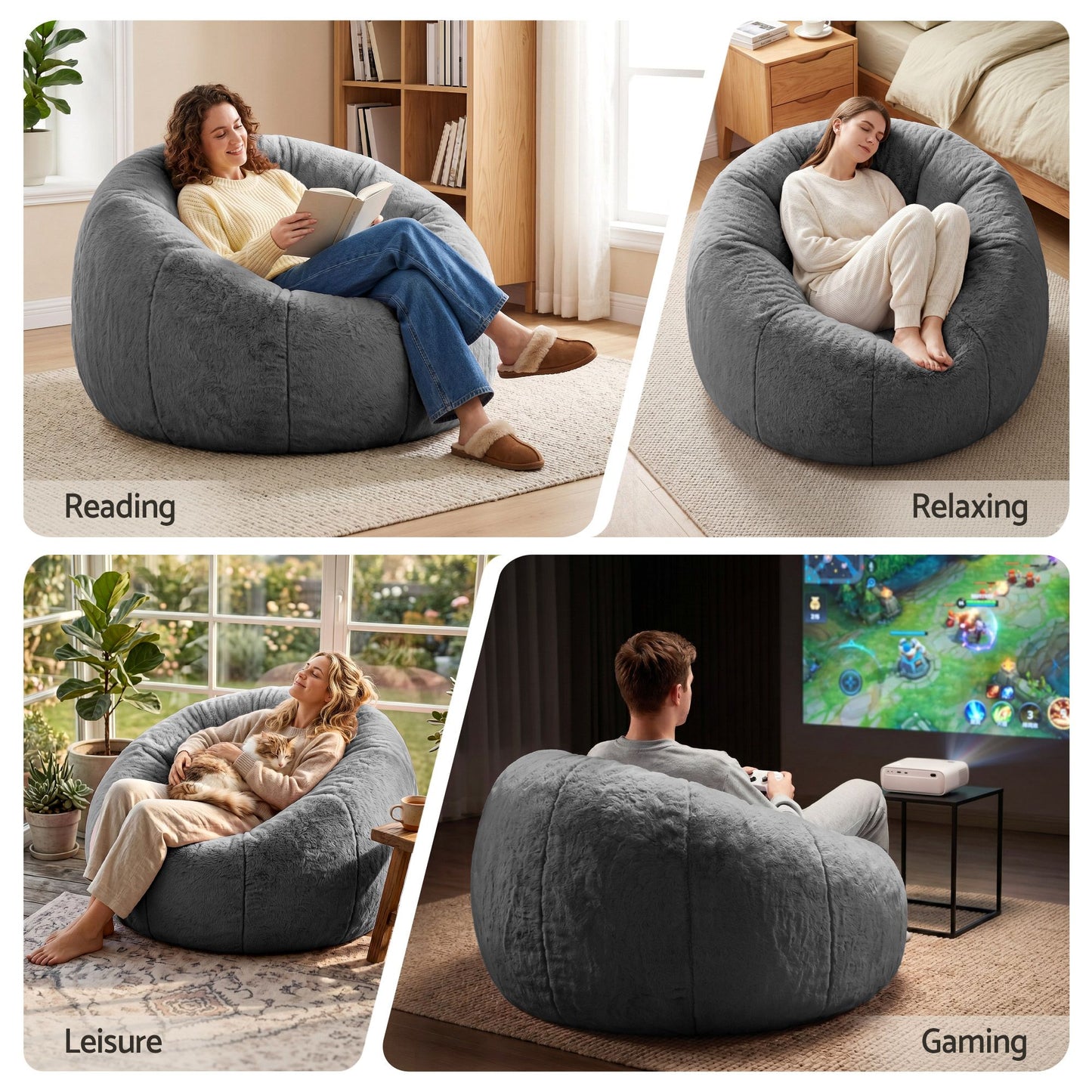 Bean Bag Chair Cover – Soft Faux Fur, Large Round, Grey