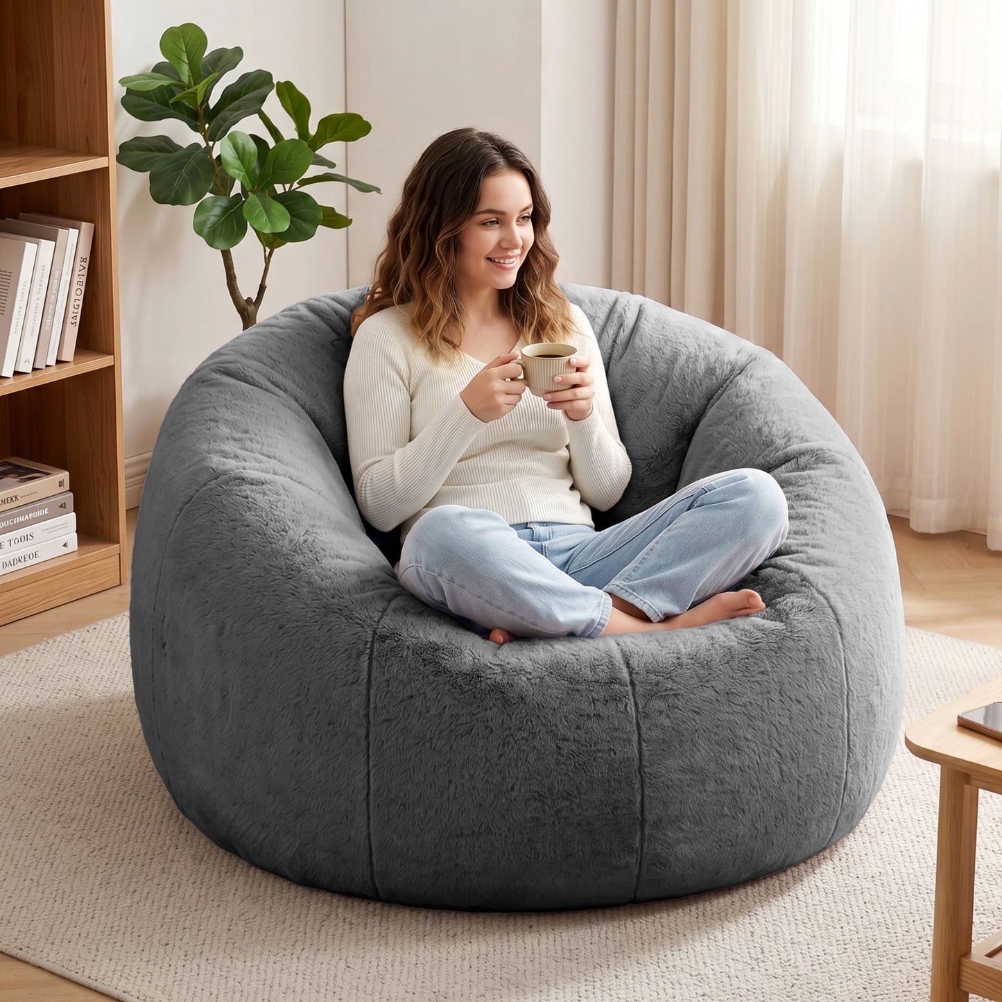 Bean Bag Chair Cover – Soft Faux Fur, Large Round, Grey