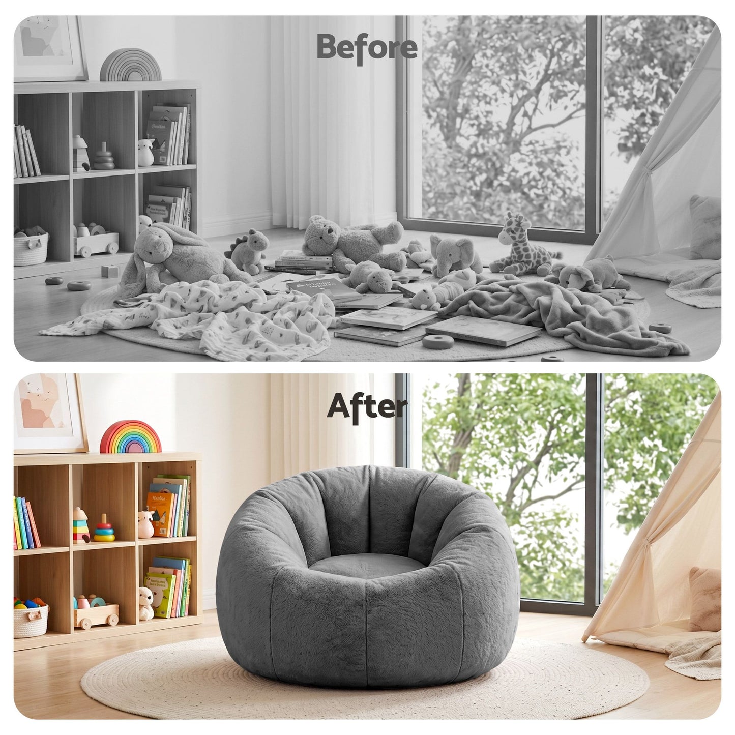 Bean Bag Chair Cover – Soft Faux Fur, Large Round, Grey
