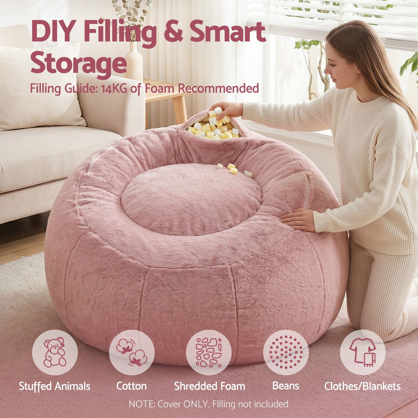 TWSC Bean Bag Chair Cover (No Filler) Soft Faux Fur Beanbag Cover Large Round Stuffed Animal Storage Bean Bag Cover Washable Lazy Sofa Cover for Adults Kids Teens, Pink