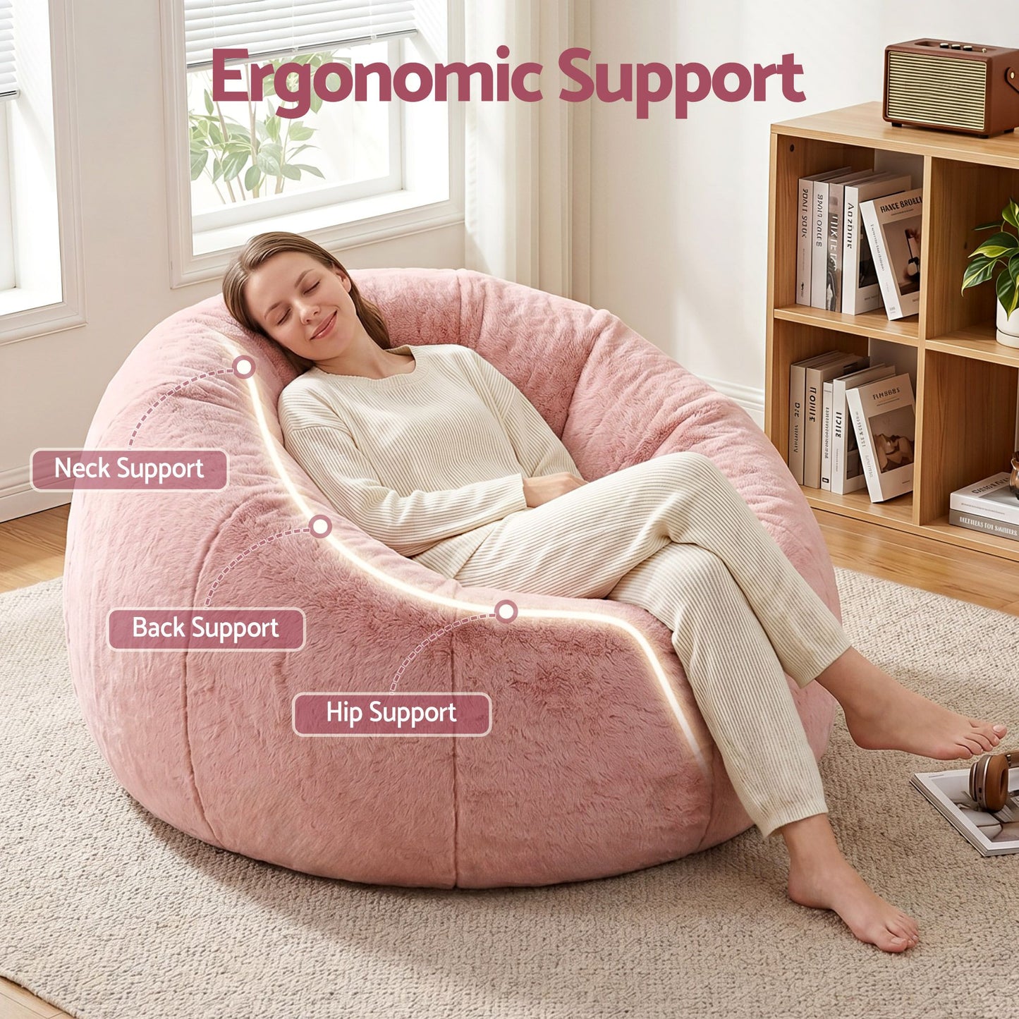 TWSC Bean Bag Chair Cover (No Filler) Soft Faux Fur Beanbag Cover Large Round Stuffed Animal Storage Bean Bag Cover Washable Lazy Sofa Cover for Adults Kids Teens, Pink