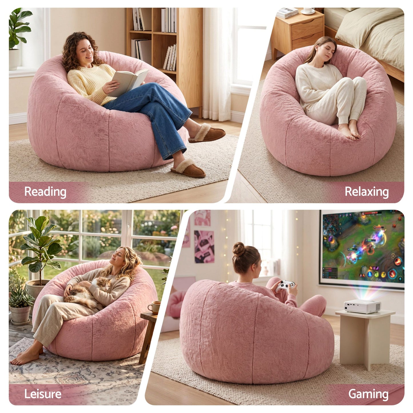 TWSC Bean Bag Chair Cover (No Filler) Soft Faux Fur Beanbag Cover Large Round Stuffed Animal Storage Bean Bag Cover Washable Lazy Sofa Cover for Adults Kids Teens, Pink
