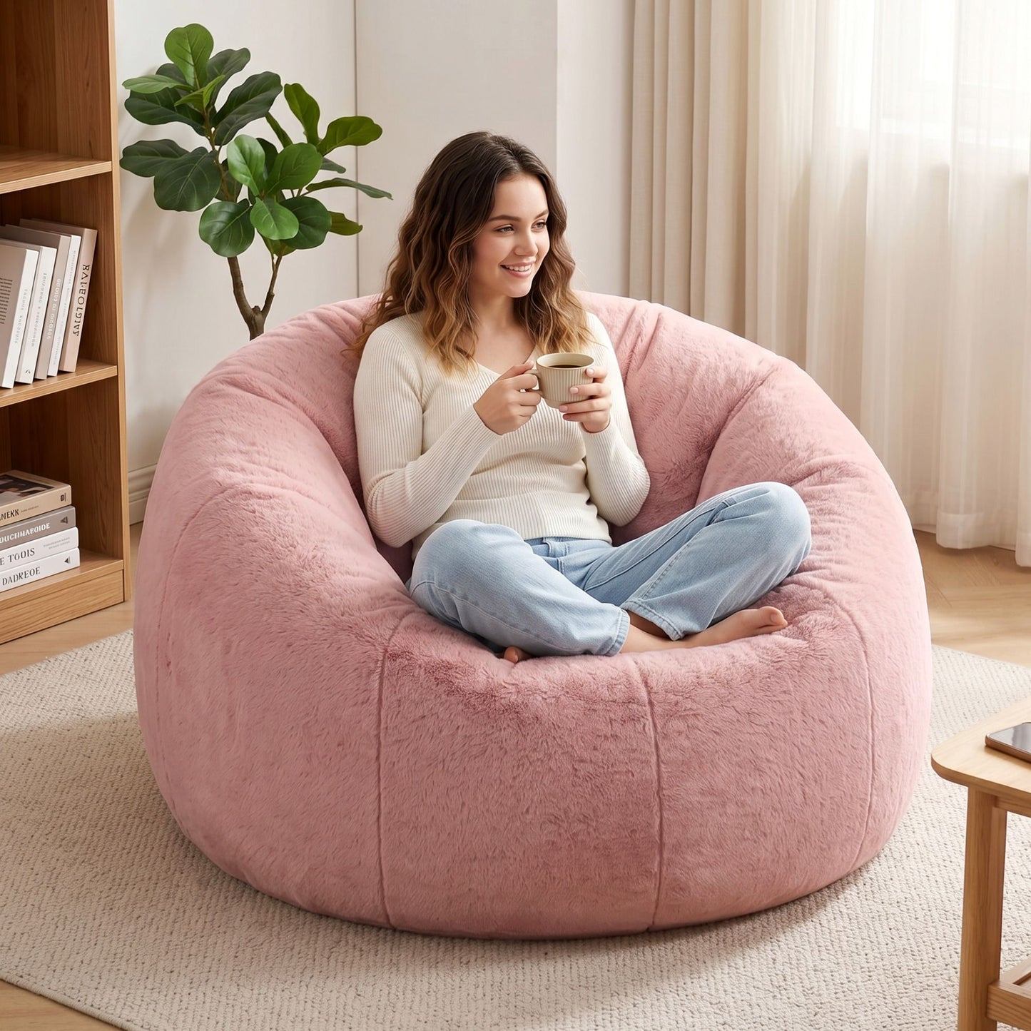 TWSC Bean Bag Chair Cover (No Filler) Soft Faux Fur Beanbag Cover Large Round Stuffed Animal Storage Bean Bag Cover Washable Lazy Sofa Cover for Adults Kids Teens, Pink