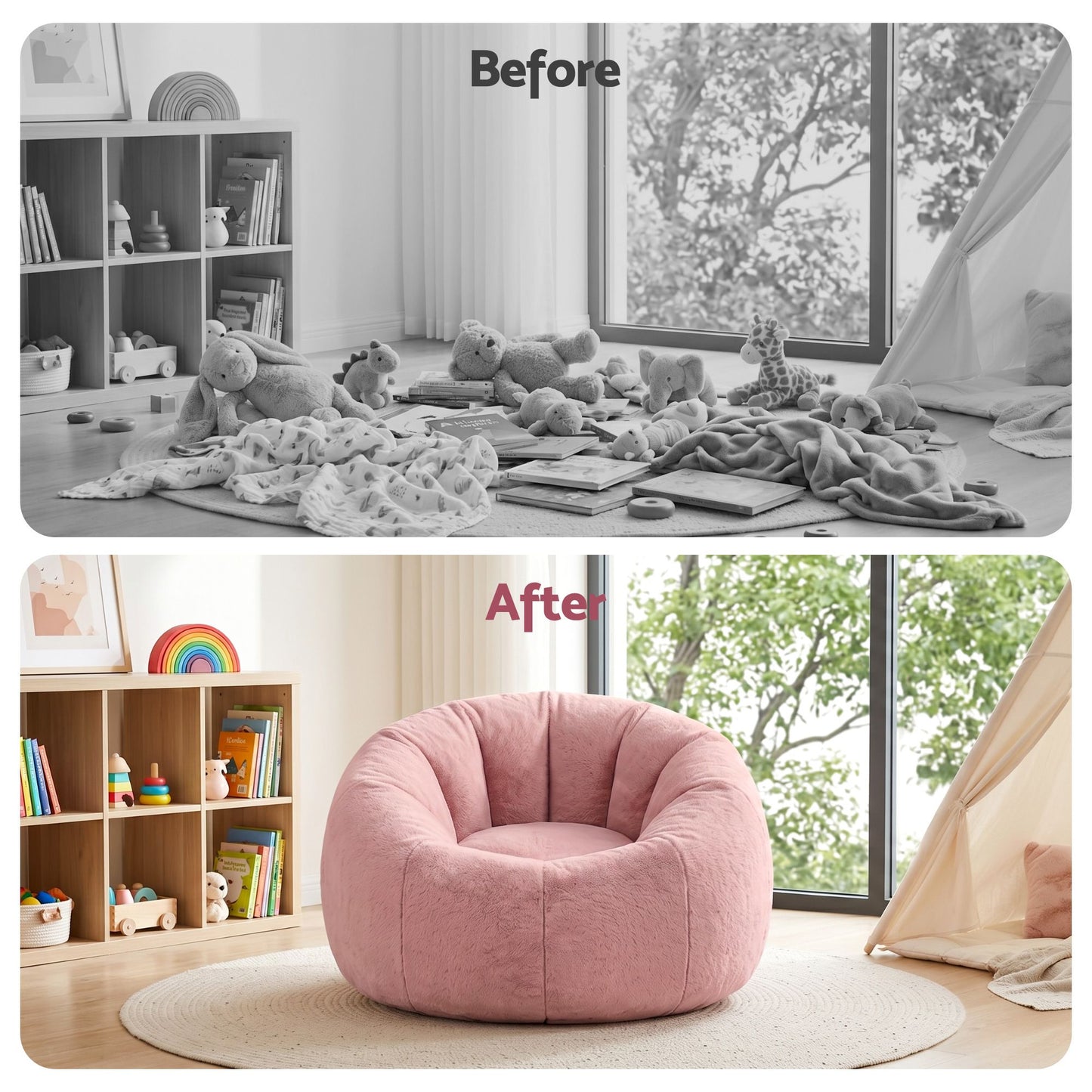 TWSC Bean Bag Chair Cover (No Filler) Soft Faux Fur Beanbag Cover Large Round Stuffed Animal Storage Bean Bag Cover Washable Lazy Sofa Cover for Adults Kids Teens, Pink