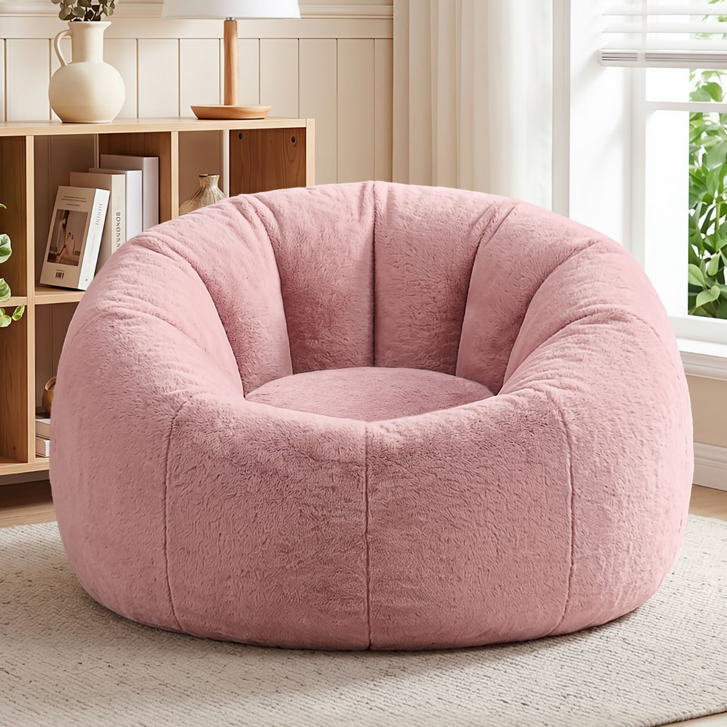 TWSC Bean Bag Chair Cover (No Filler) Soft Faux Fur Beanbag Cover Large Round Stuffed Animal Storage Bean Bag Cover Washable Lazy Sofa Cover for Adults Kids Teens, Pink