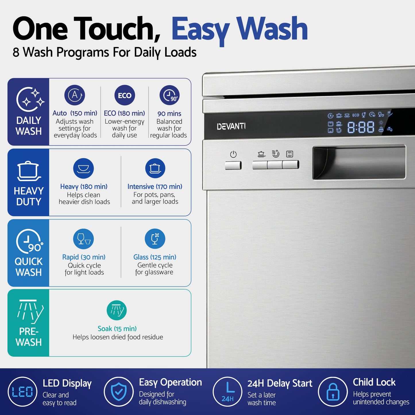Devanti Dishwasher – 10 Place Settings, Freestanding Silver
