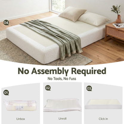 TWSC Compression Bed Frame Double Size No Assembly Vacuum High Density Sponge Boucle Cream White