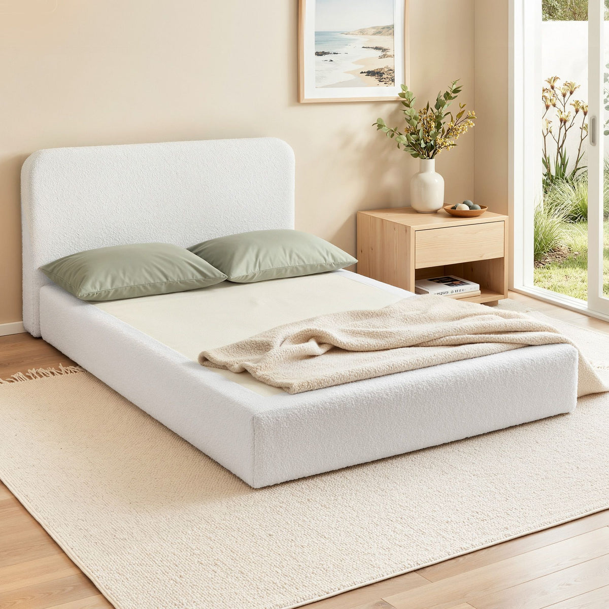 TWSC Compression Bed Frame Queen Size No Assembly Vacuum High Density Sponge Boucle Cream White