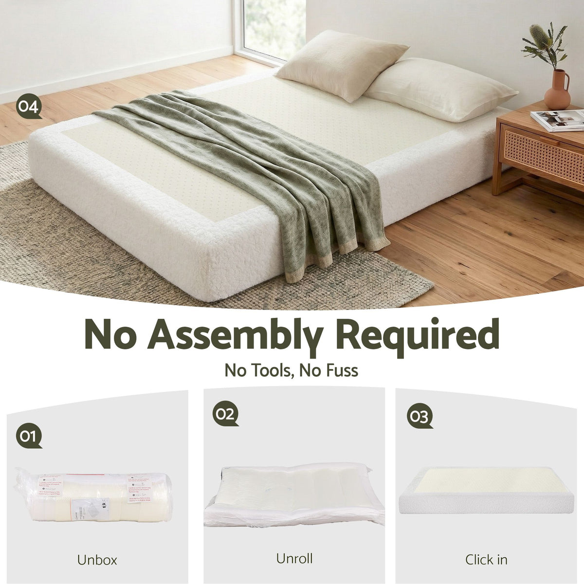 TWSC Compression Bed Frame Queen Size No Assembly Vacuum High Density Sponge Boucle Cream White