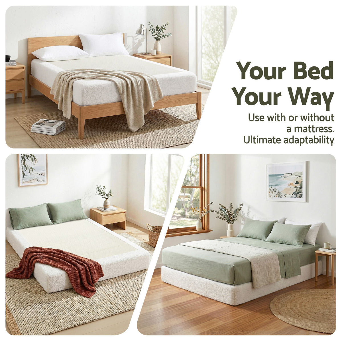 TWSC Compression Bed Frame Queen Size No Assembly Vacuum High Density Sponge Boucle Cream White