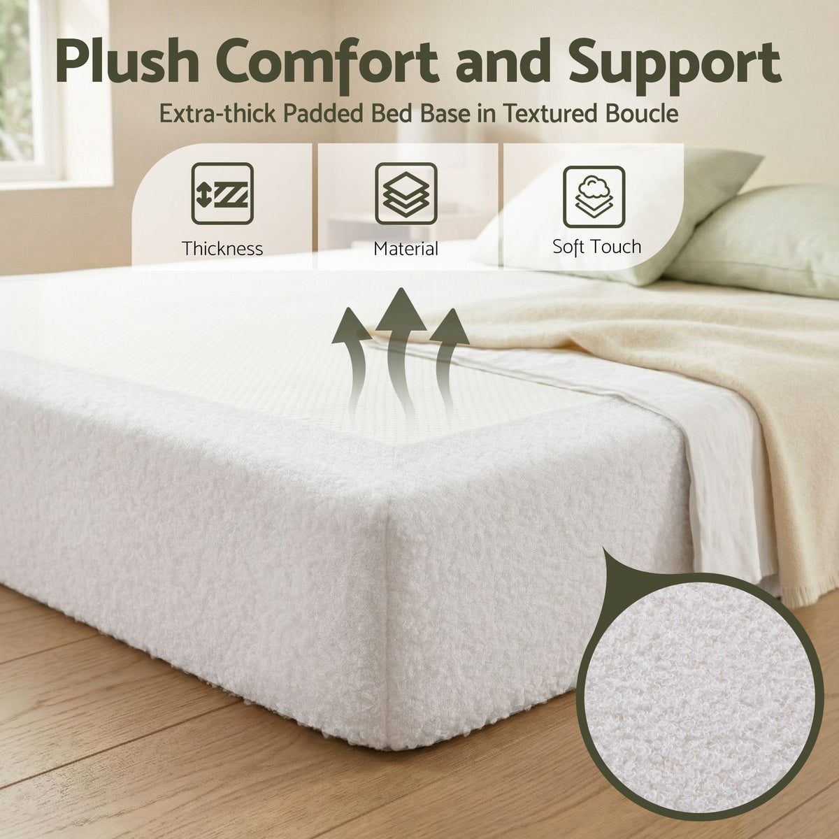 TWSC Compression Bed Frame Queen Size No Assembly Vacuum High Density Sponge Boucle Cream White