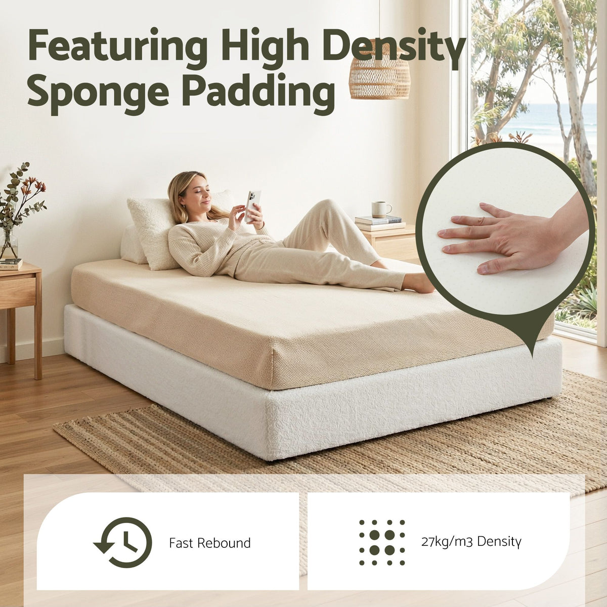 TWSC Compression Bed Frame Queen Size No Assembly Vacuum High Density Sponge Boucle Cream White