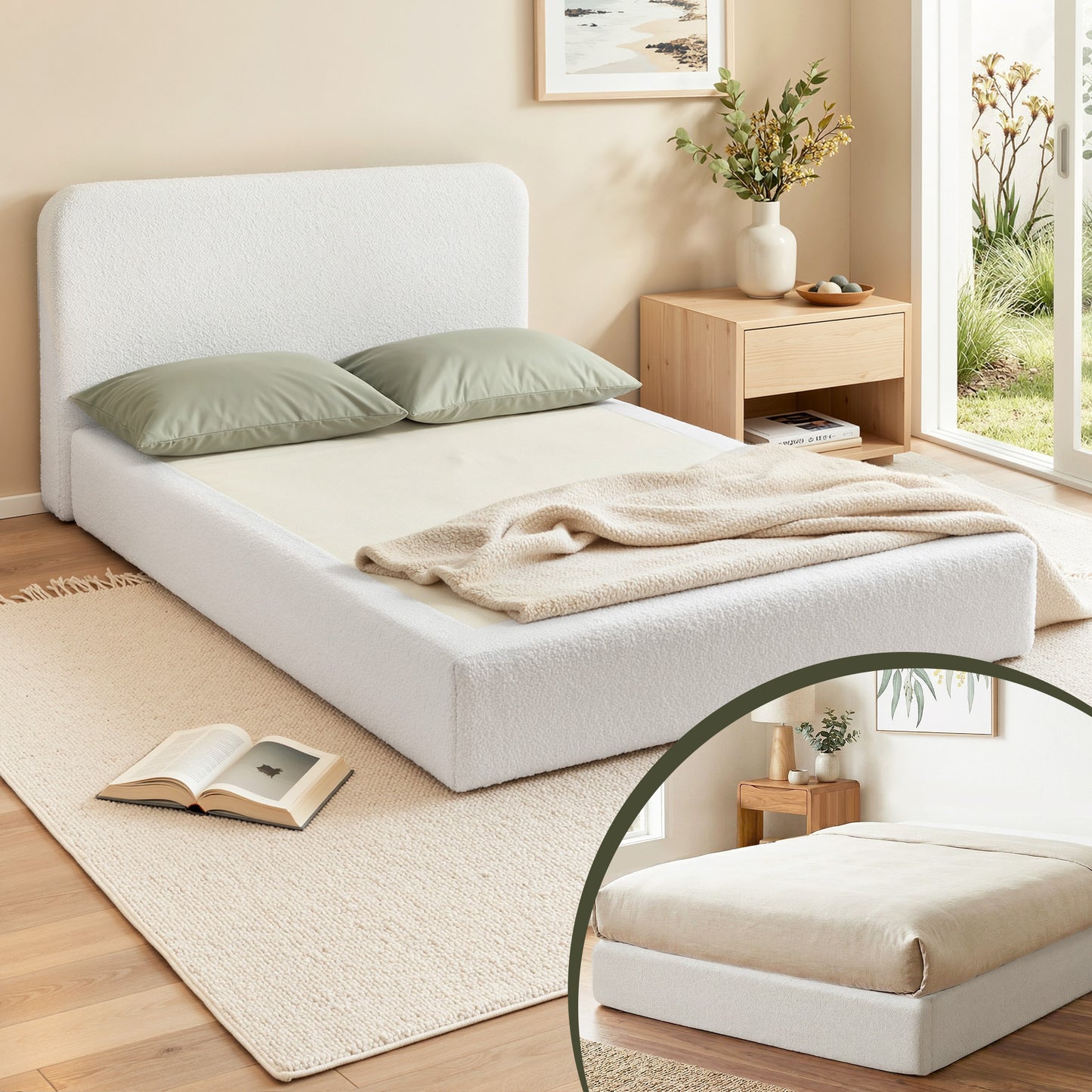 Compression Bed Frame with High-Density Sponge – Queen, Cream Boucle Upholstery