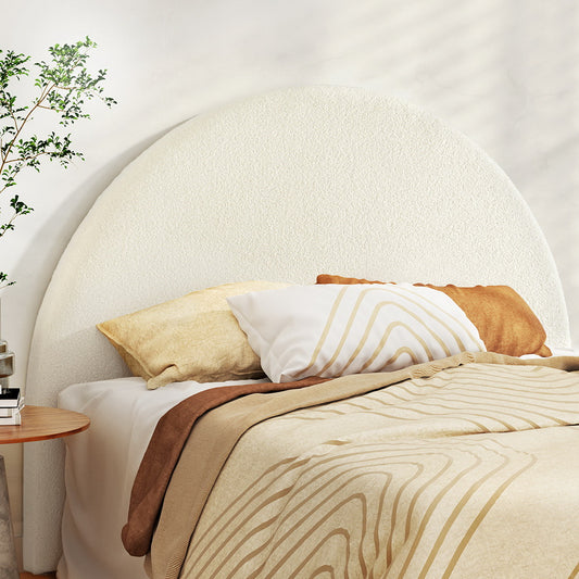 White boucle fabric Grei Queen Bed Head with arch shape, modern bedroom furniture by The Willow Stone Collective.
