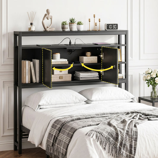 TWSC Bed Headboard King Single Storage Bedhead Charging Station Black