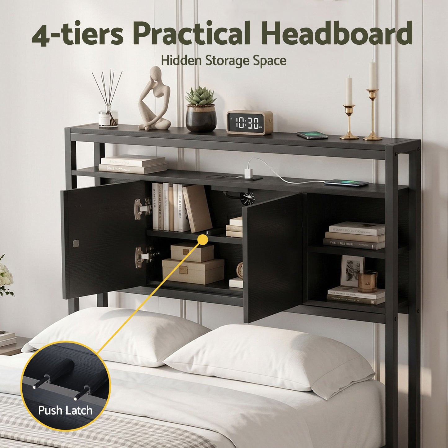 TWSC Bed Headboard King Single Storage Bedhead Charging Station Black