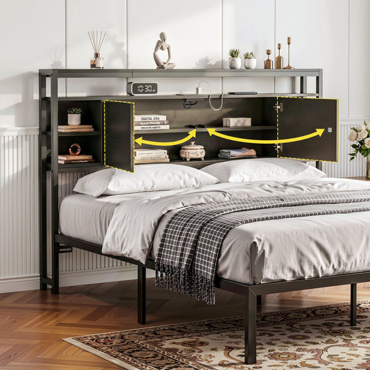 TWSC Bed Headboard Queen Storage Bedhead Charging Station Black