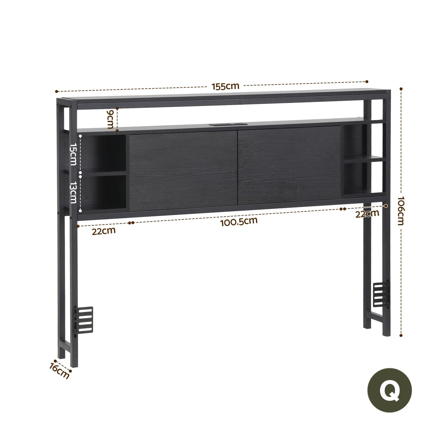 TWSC Bed Headboard Queen Storage Bedhead Charging Station Black