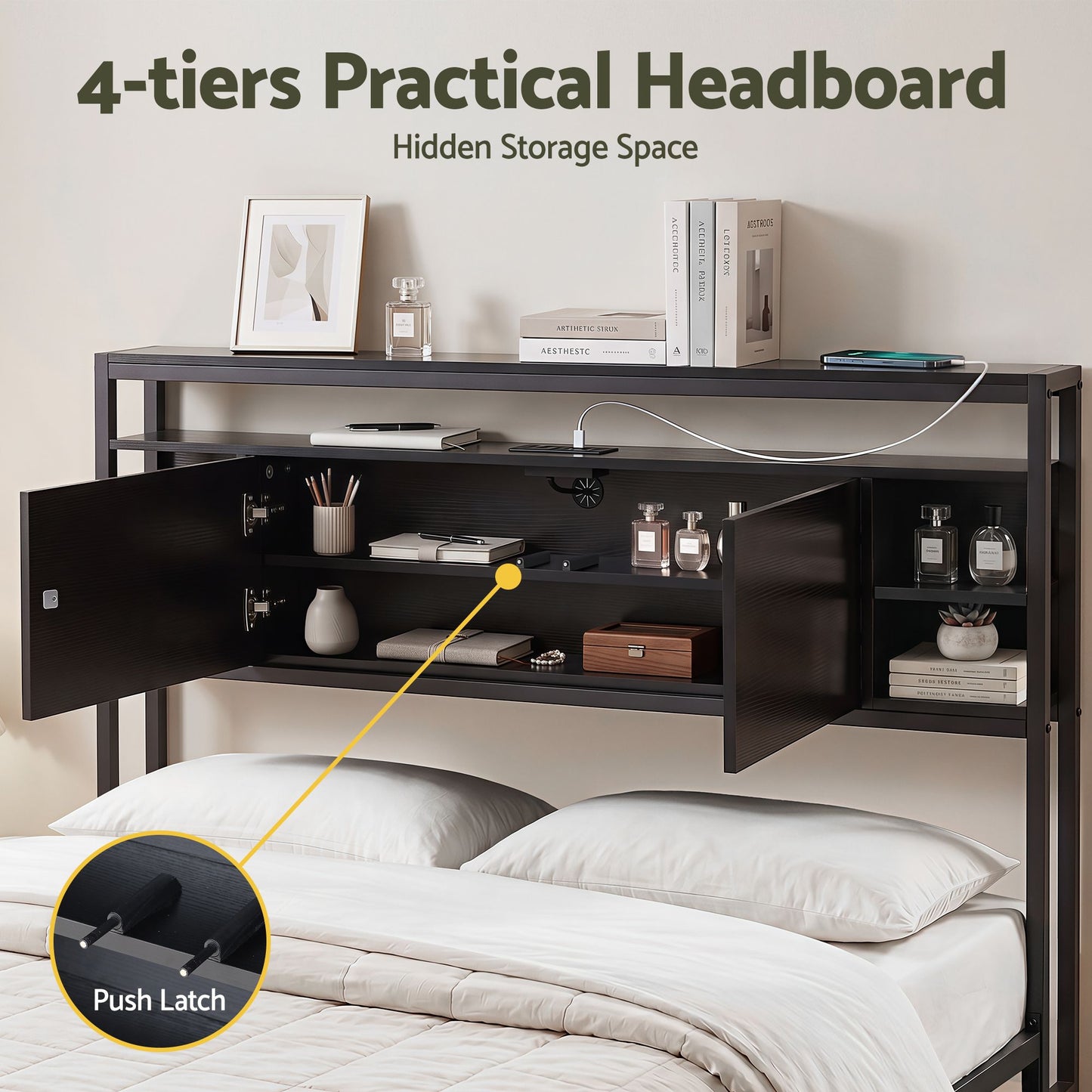 TWSC Bed Headboard Queen Storage Bedhead Charging Station Black