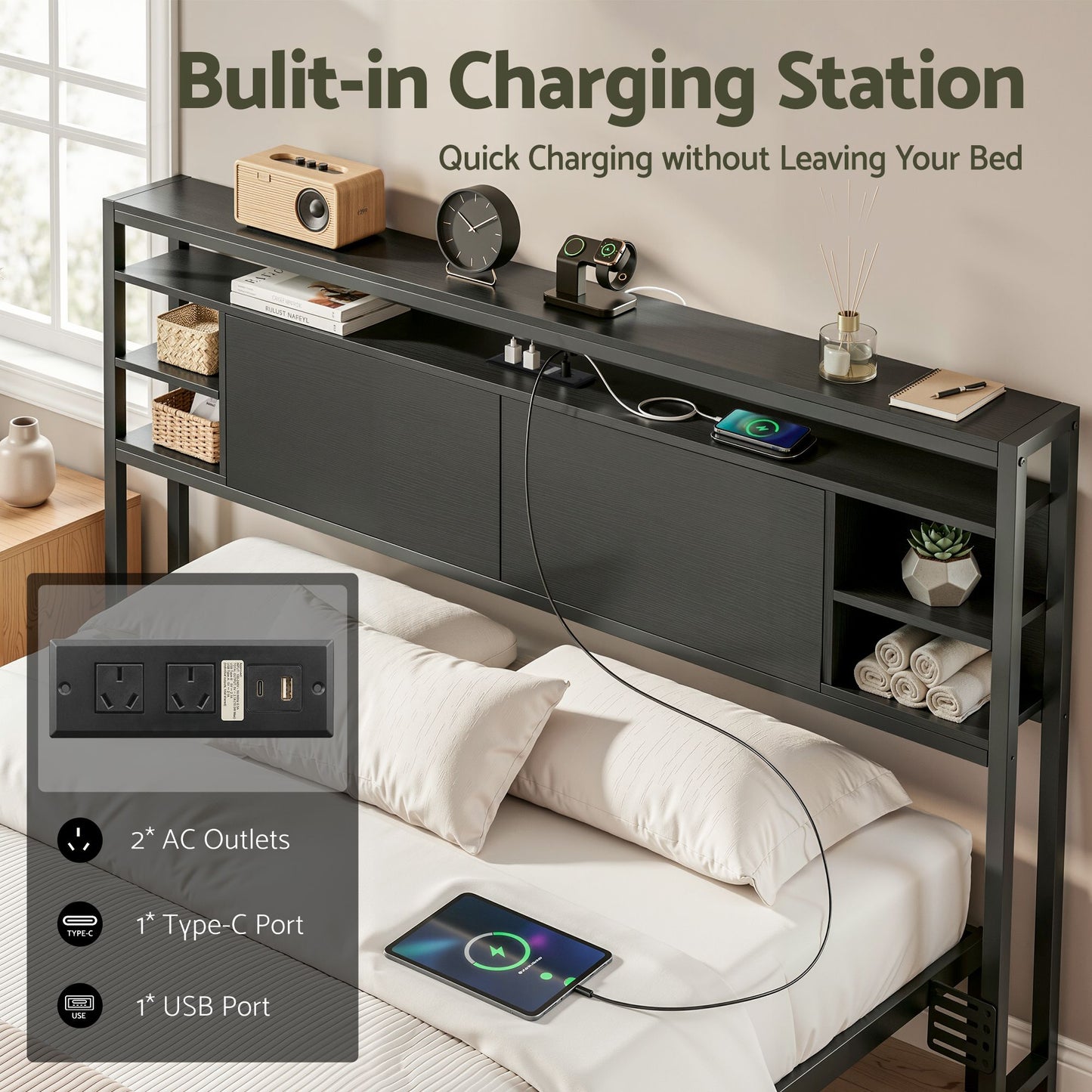 TWSC Bed Headboard Queen Storage Bedhead Charging Station Black