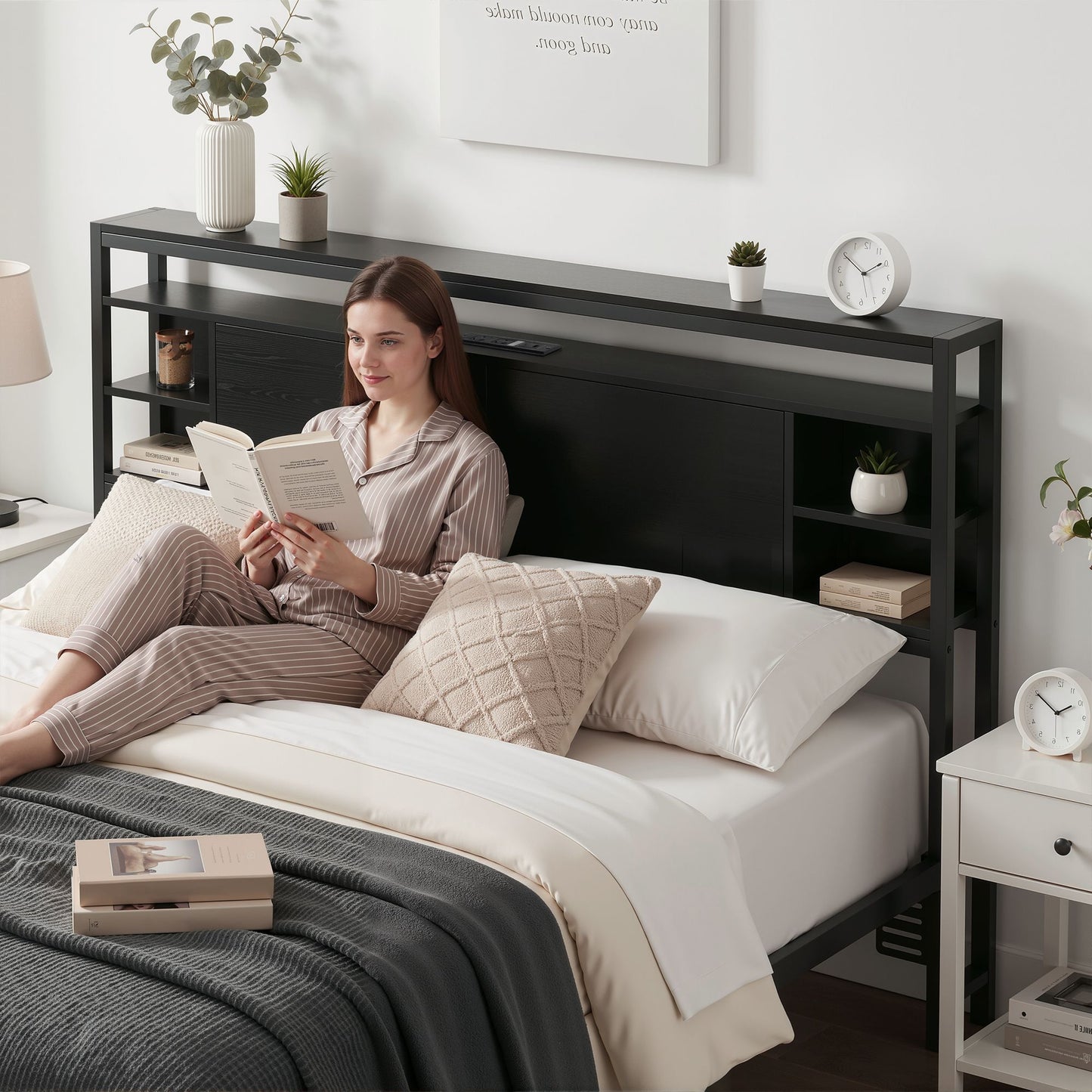 TWSC Bed Headboard Queen Storage Bedhead Charging Station Black