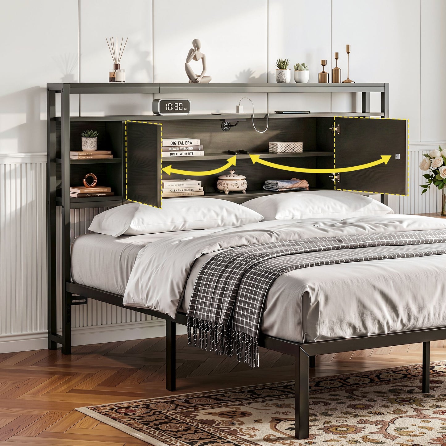 TWSC Bed Headboard Queen Storage Bedhead Charging Station Black