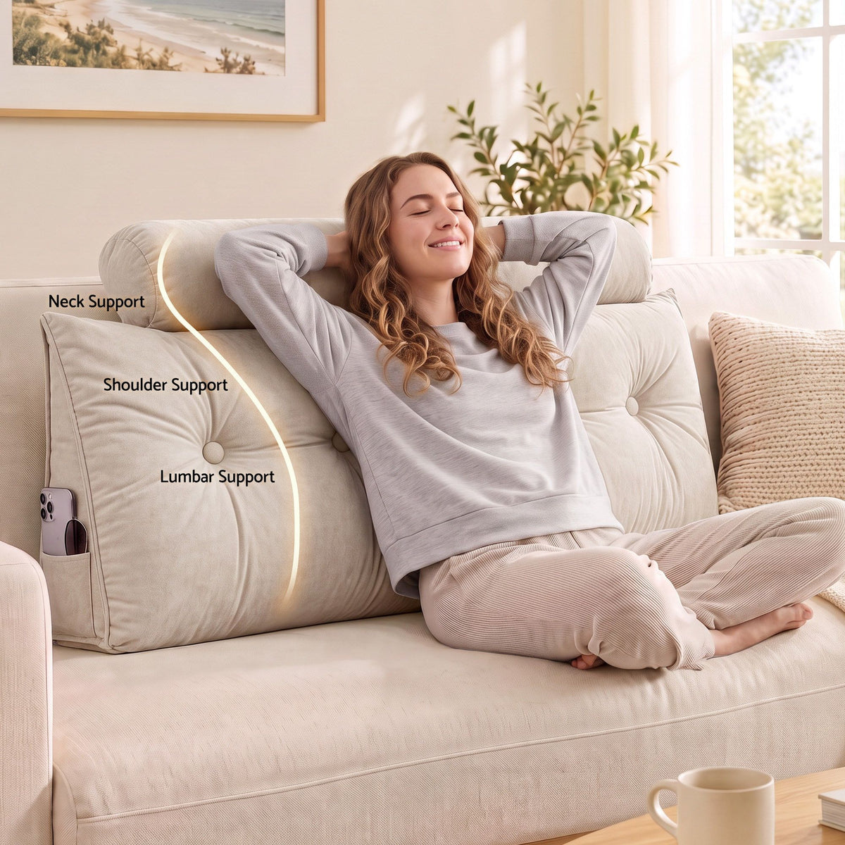 Artiss Headboard Pillow Double Wedge Backrest Triangular with 2 Cushions Beige