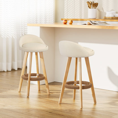 TWSC 2x Bar Stools Padded Leather Wooden Beige