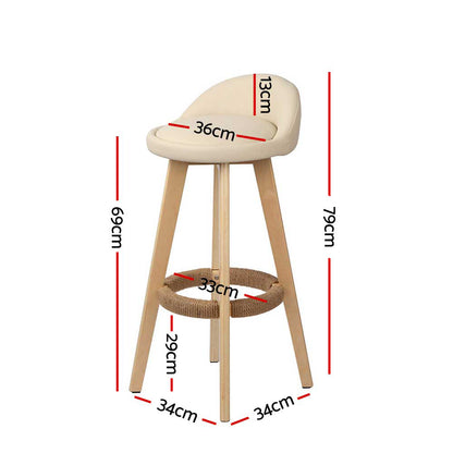 TWSC 2x Bar Stools Padded Leather Wooden Beige