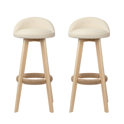 TWSC 2x Bar Stools Padded Leather Wooden Beige